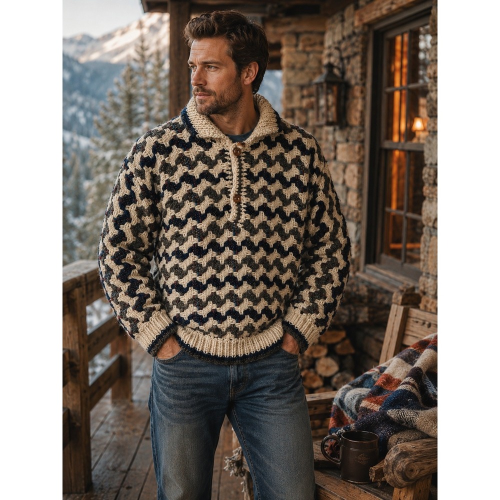 Signature Imports Handloomed Wool Sweater Men's Large Ecuador Chunky Knit Henley